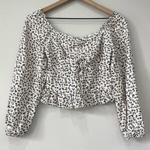 Cream/Beige and Blue Japna Floral Long Sleeve Crop Top